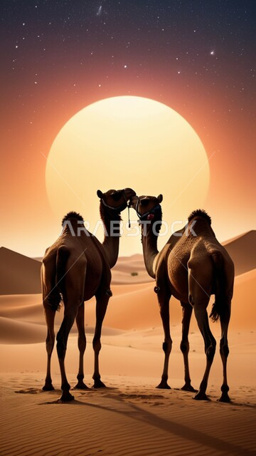 تربية ورعاية الابل في المحميات الطبيعية، الكثبان والتلال الرملية، رعاية الثدييات والمواشي وحيوان الجمل في صحاري المملكة العربية السعودية، صورة ظلية لناقتان عربيتان أصيلتان في المناطق الصحراوية وقت الغروب، مفهوم الأصالة والعراقة, سيلوليت