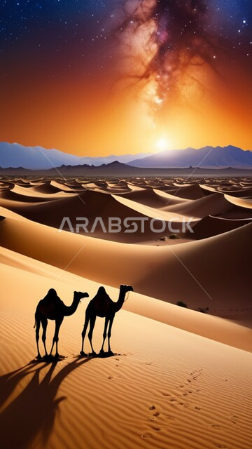 تربية ورعاية الابل في المحميات الطبيعية، الكثبان والتلال الرملية، رعاية الثدييات والمواشي وحيوان الجمل في صحاري المملكة العربية السعودية، صورة ظلية لناقتان عربيتان أصيلتان في المناطق الصحراوية وقت الغروب، مفهوم الأصالة والعراقة, سيلوليت