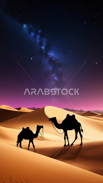 تربية ورعاية الابل في المحميات الطبيعية، الكثبان والتلال الرملية، رعاية الثدييات والمواشي وحيوان الجمل في صحاري المملكة العربية السعودية، صورة ظلية لناقتان عربيتان أصيلتان في المناطق الصحراوية، مفهوم الأصالة والعراقة, سيلوليت