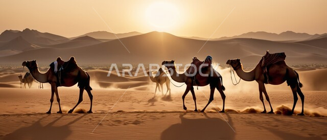 تربية ورعاية الابل في المحميات الطبيعية، الكثبان والتلال الرملية، رعاية الثدييات والمواشي وحيوان الجمل في صحاري المملكة العربية السعودية، صورة ظلية لمجموعة من النوق العربية الأصيلة في المناطق الصحراوية وقت الغروب، مفهوم الأصالة والعراقة, سيلوليت