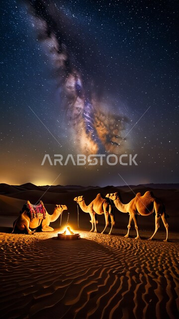 Camel breeding in nature reserves, sand dunes and hills, caring for mammals, livestock and camels in the deserts of the Kingdom of Saudi Arabia, a group of purebred Arabian camels in the desert areas at night, the concept of authenticity and antiquity