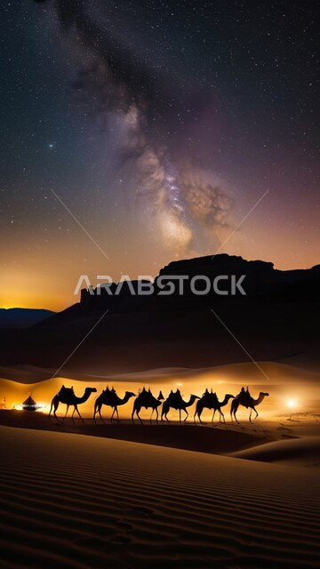 Camel breeding in nature reserves, sand dunes and hills, caring for mammals, livestock and camels in the deserts of the Kingdom of Saudi Arabia, a group of purebred Arabian camels in the desert areas at night, the concept of authenticity and antiquity