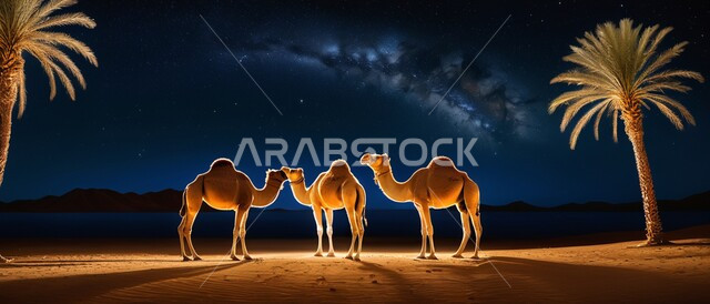 تربية الابل في المحميات الطبيعية، الكثبان والتلال الرملية، رعاية الثدييات والمواشي وحيوان الجمل في صحاري المملكة العربية السعودية، مجموعة من النوق العربية الأصيلة في المناطق الصحراوية ليلا، مفهوم الأصالة والعراقة