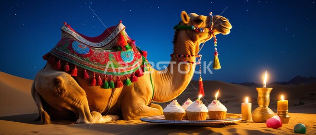 التخييم في البراري والمناطق الصحراوية، تربية الابل في المحميات الطبيعية، الكثبان والتلال الرملية، رعاية الثدييات والمواشي وحيوان الجمل في صحاري المملكة، مجموعة من النوق العربية الأصيلة وسط الشموع والأضواء في الصحراء ليلا، مفهوم الأصالة والعراقة