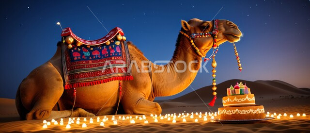 التخييم في البراري والمناطق الصحراوية، تربية الابل في المحميات الطبيعية، الكثبان والتلال الرملية، رعاية الثدييات والمواشي وحيوان الجمل في صحاري المملكة، مجموعة من النوق العربية الأصيلة وسط الشموع والأضواء في الصحراء ليلا، مفهوم الأصالة والعراقة