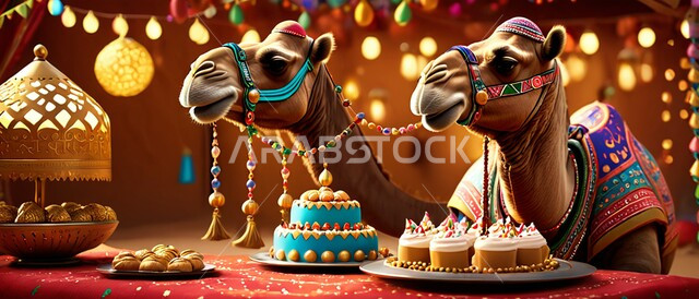 الاحتفال بالمناسبات والتخييم في البراري، تربية الابل في المحميات الطبيعية، الكثبان والتلال الرملية، رعاية الثدييات والمواشي وحيوان الجمل في صحاري المملكة، ناقة عربية أصيلة تقف أمام قالب الحلوى مع الشموع في المناطق الصحراوية ليلا، مفهوم الأصالة والعراقة