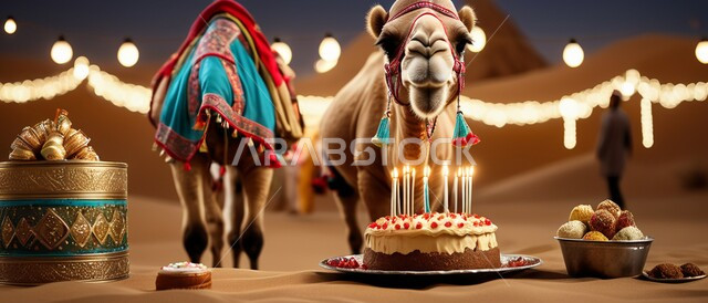 الاحتفال بالمناسبات والتخييم في البراري، تربية الابل في المحميات الطبيعية، الكثبان والتلال الرملية، رعاية الثدييات والمواشي وحيوان الجمل في صحاري المملكة، ناقة عربية أصيلة تقف أمام قالب الحلوى مع الشموع في المناطق الصحراوية ليلا، مفهوم الأصالة والعراقة