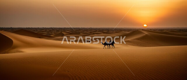 تربية ورعاية الابل في المحميات الطبيعية، الكثبان والتلال الرملية، رعاية الثدييات والمواشي وحيوان الجمل في صحاري المملكة العربية السعودية، صورة ظلية لناقتان عربيتان أصيلتان في المناطق الصحراوية وقت الغروب، مفهوم الأصالة والعراقة, سيلوليت