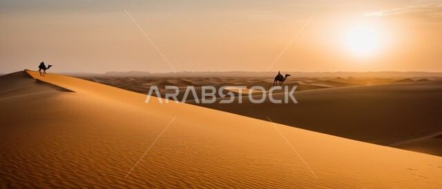 تربية ورعاية الابل في المحميات الطبيعية، الكثبان والتلال الرملية، رعاية الثدييات والمواشي وحيوان الجمل في صحاري المملكة العربية السعودية، صورة ظلية لناقتان عربيتان أصيلتان في المناطق الصحراوية وقت الغروب، مفهوم الأصالة والعراقة, سيلوليت