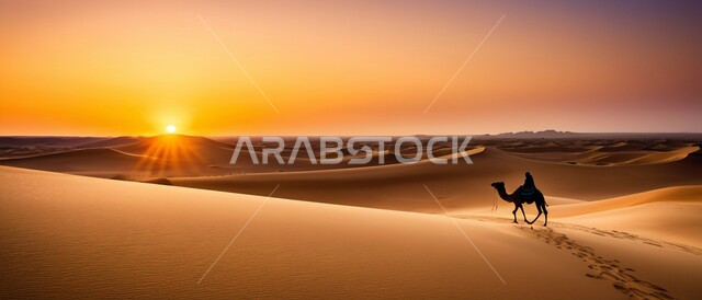 تربية ورعاية الابل في المحميات الطبيعية، الكثبان والتلال الرملية، رعاية الثدييات والمواشي وحيوان الجمل في صحاري المملكة العربية السعودية، صورة ظلية لناقتان عربيتان أصيلتان في المناطق الصحراوية وقت الغروب، مفهوم الأصالة والعراقة, سيلوليت