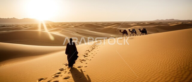 الاهتمام بتربية الابل في المحميات الطبيعية، مفهوم الأصالة والعراقة, الكثبان والتلال الرملية، رعاية الثدييات والمواشي وحيوان الجمل في صحاري المملكة العربية السعودية، صورة ظلية لرجل يمشي خلف ناقة عربية أصيلة في المناطق الصحراوية وقت الغروب، سيلوليت