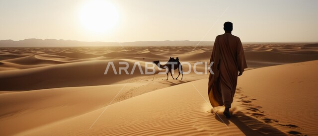 الاهتمام بتربية الابل في المحميات الطبيعية، مفهوم الأصالة والعراقة, الكثبان والتلال الرملية، رعاية الثدييات والمواشي وحيوان الجمل في صحاري المملكة العربية السعودية، صورة ظلية لرجل يمشي خلف ناقة عربية أصيلة في المناطق الصحراوية وقت الغروب، سيلوليت