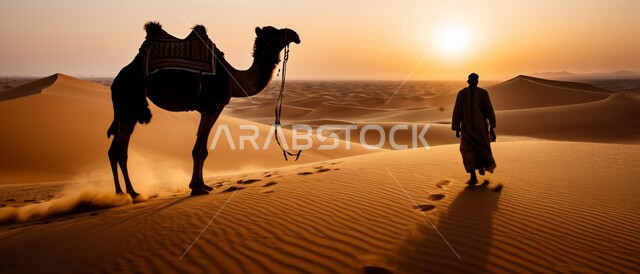 الاهتمام بتربية الابل في المحميات الطبيعية، مفهوم الأصالة والعراقة, الكثبان والتلال الرملية، رعاية الثدييات والمواشي وحيوان الجمل في صحاري المملكة العربية السعودية، صورة ظلية لرجل يمشي خلف ناقة عربية أصيلة في المناطق الصحراوية وقت الغروب، سيلوليت