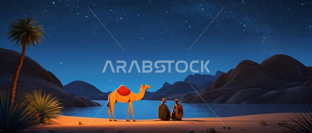 رجلان يجلسان امام ناقة عربية أصيلة في المناطق الصحراوية ليلا، الاهتمام بتربية الابل في المحميات الطبيعية، الكثبان والتلال الرملية، رعاية الثدييات والمواشي وحيوان الجمل في صحاري المملكة العربية السعودية، الاهتمام بزراعة اشجار النخيل، مفهوم الأصالة والعراقة