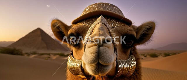 المحميات الطبيعية لتربية ورعاية الابل, مفهوم الأصالة والعراقة, صورة مقربة لناقة عربية أصيلة شقراء تضع القبعة اللامعة تنظر الى الكاميرا في المناطق الصحراوية, رعي الثدييات والمواشي وحيوان الجمل في صحاري المملكة العربية السعودية