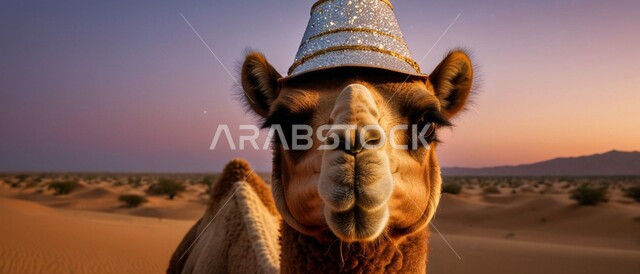 المحميات الطبيعية لتربية ورعاية الابل, مفهوم الأصالة والعراقة, صورة مقربة لناقة عربية أصيلة شقراء تضع القبعة اللامعة تنظر الى الكاميرا في المناطق الصحراوية, رعي الثدييات والمواشي وحيوان الجمل في صحاري المملكة العربية السعودية