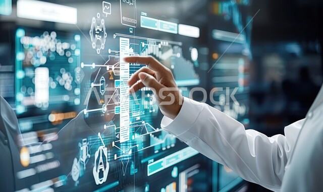 التطور والتقدم في المجال الطبي، استخدام التقنية والتكنولوجيا في البحث الصحي, صورة مقربة لأيدي طبيب عربي خليجي سعودي يرتدي المعطف الأبيض يقوم بالتفاعل مع الشاشات الرقمية، شاشة هولوجرامية مع رموز وأيقونات مضيئة