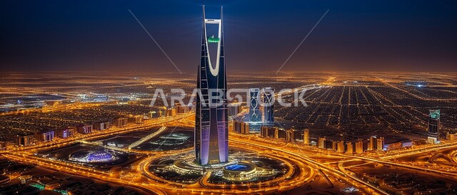 رؤية سعودية مستقبلية 2030, الفن الهندسي المعماري للأبراج وناطحات السحاب المضيئة ليلاً, بناء مستقبل حضاري ومتطور, أماكن ومعالم سياحية مشهورة, منظر تخيلي مستقبلي للتقدم و النمو العمراني في المملكة العربية السعودية