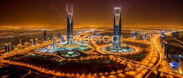 رؤية سعودية مستقبلية 2030, الفن الهندسي المعماري للأبراج وناطحات السحاب المضيئة ليلاً, بناء مستقبل حضاري ومتطور, أماكن ومعالم سياحية مشهورة, منظر تخيلي مستقبلي للتقدم و النمو العمراني في المملكة العربية السعودية