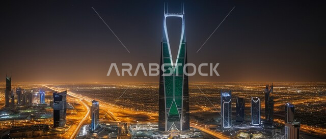 بناء مستقبل حضاري ومتطور، أماكن ومعالم سياحية مشهورة، منظر تخيلي مستقبلي للتقدم و النمو العمراني في المملكة العربية السعودية, رؤية سعودية مستقبلية 2030, الفن الهندسي المعماري للأبراج وناطحات السحاب المضيئة ليلاً