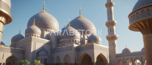 Islamic architectural engineering art of domes and minarets in mosques, the destination of Muslims for worship and drawing closer to God Almighty, famous religious landmarks and holy places, mosques in the Kingdom of Saudi Arabia