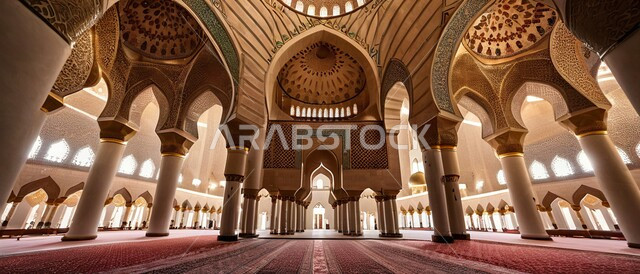 الفن الهندسي المعماري للمساجد على الطراز الإسلامي، العبادة والتقرب الى الله، صورة من داخل مسجد للأعمدة والأقواس المزخرفة