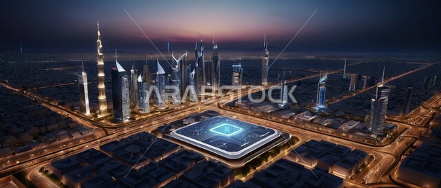 المعالم السياحية المشهورة في بالمملكة العربية السعودية, مفهوم التطور و التقدم العمراني, رؤية مستقبلية سعودية 2030, منظر تخيلي للأبراج وناطحات السحاب المضيئة ليلاً, الفن الهندسي المعماري في البناء على الطراز الحديث