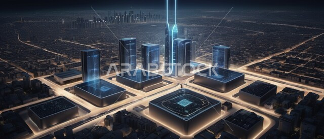 رؤية مستقبلية سعودية 2030, منظر تخيلي للأبراج وناطحات السحاب المضيئة ليلاً, الفن الهندسي المعماري في البناء على الطراز الحديث, المعالم السياحية المشهورة في بالمملكة العربية السعودية, مفهوم التطور و التقدم العمراني