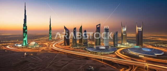 Architectural engineering art of residential and commercial buildings and facilities, urban progress and expansion in the Kingdom of Saudi Arabia, imaginary view of towers and skyscrapers, famous tourist places and landmarks, Saudi Vision 2030