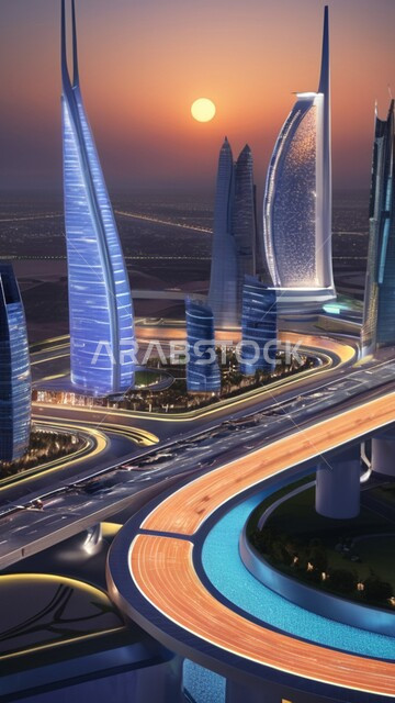 الأبراج والمباني والمنشآت التجارية الشاهقة، رؤية مستقبلية سعودية 2030، مفهوم التطور الهندسي, منظر تخيلي مستقبلي للتقدم و النمو العمراني, الفنون و التصاميم الهندسية المعمارية الحديثة لناطحات السحاب في المملكة العربية السعودية