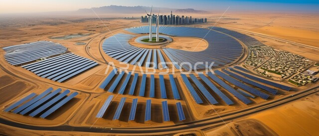 The concept of producing environmentally friendly alternative energy in the Kingdom of Saudi Arabia, photovoltaic panels, developing the infrastructure for generating electricity, renewable solar energy stations