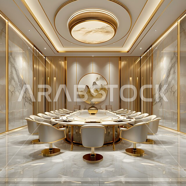 التصميم العصري الحديث للمكاتب في الشركات السعودية، غرفة اجتماعات واسعة مع طاولة محاطة بكراسي، غرف مكتبية بتصاميم وديكورات داخلية فخمة، النوافذ والواجهات الزجاجية