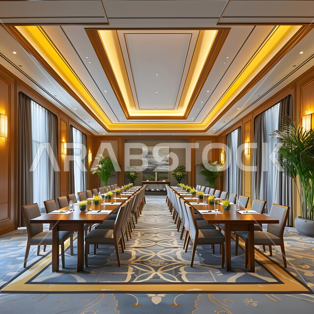 التصميم العصري الحديث للمكاتب في الشركات السعودية، غرفة اجتماعات واسعة مع طاولة محاطة بكراسي، غرف مكتبية بتصاميم وديكورات داخلية فخمة، النوافذ والواجهات الزجاجية