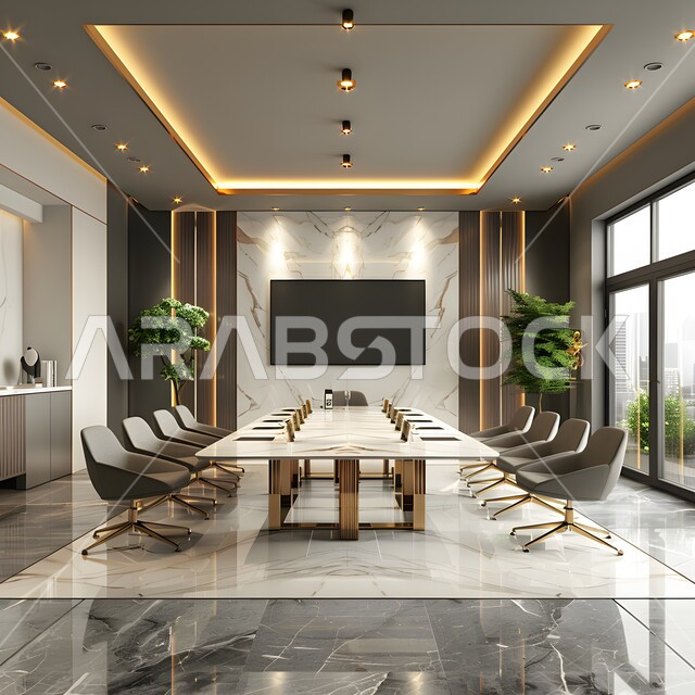 التصميم العصري الحديث للمكاتب في الشركات السعودية، غرفة اجتماعات واسعة مع طاولة محاطة بكراسي، غرف مكتبية بتصاميم وديكورات داخلية فخمة، النوافذ والواجهات الزجاجية