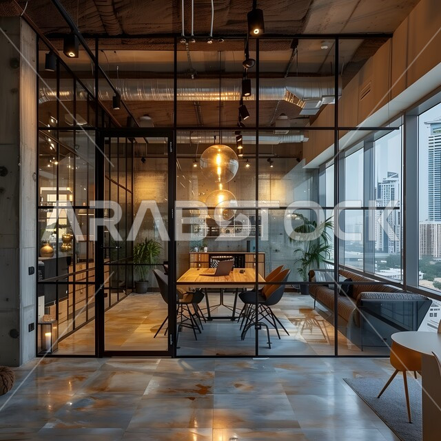 التصميم العصري الحديث للمكاتب في الشركات السعودية، غرفة اجتماعات واسعة مع طاولة محاطة بكراسي، غرف مكتبية بتصاميم وديكورات داخلية فخمة، النوافذ والواجهات الزجاجية