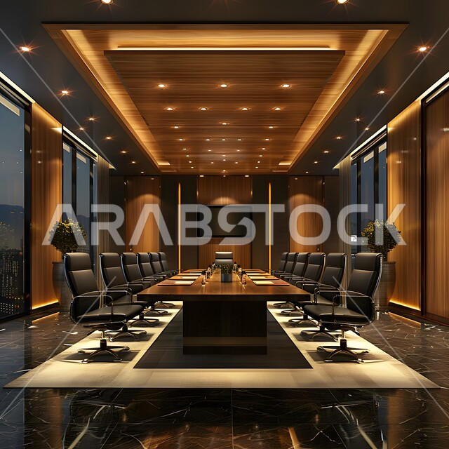 التصميم العصري الحديث للمكاتب في الشركات السعودية، غرفة اجتماعات واسعة مع طاولة محاطة بكراسي، غرف مكتبية بتصاميم وديكورات داخلية فخمة، النوافذ والواجهات الزجاجية