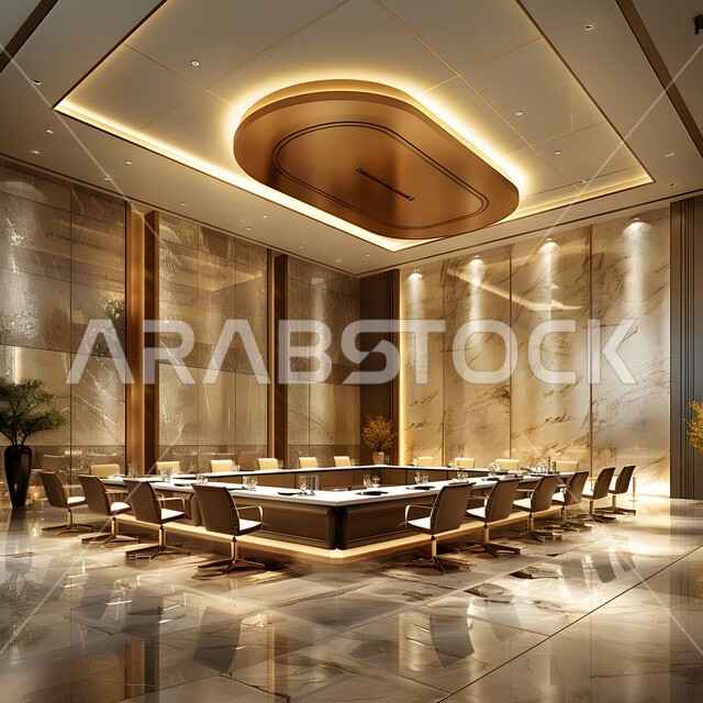 التصميم العصري الحديث للمكاتب في الشركات السعودية، غرفة اجتماعات واسعة مع طاولة محاطة بكراسي، غرف مكتبية بتصاميم وديكورات داخلية فخمة، النوافذ والواجهات الزجاجية