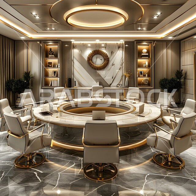التصميم العصري الحديث للمكاتب في الشركات السعودية، غرفة اجتماعات واسعة مع طاولة محاطة بكراسي، غرف مكتبية بتصاميم وديكورات داخلية فخمة، النوافذ والواجهات الزجاجية