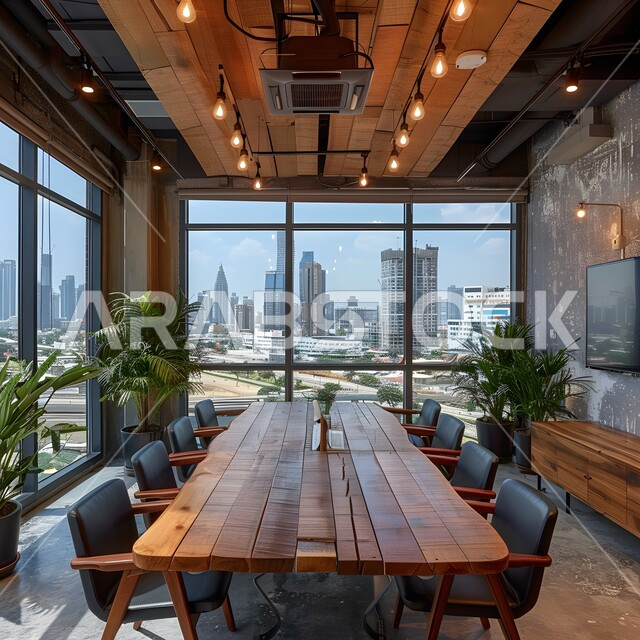 غرف مكتبية بتصاميم وديكورات داخلية فخمة، النوافذ والواجهات الزجاجية، التصميم العصري الحديث للمكاتب في الشركات السعودية، غرفة اجتماعات واسعة مع طاولة محاطة بكراسي