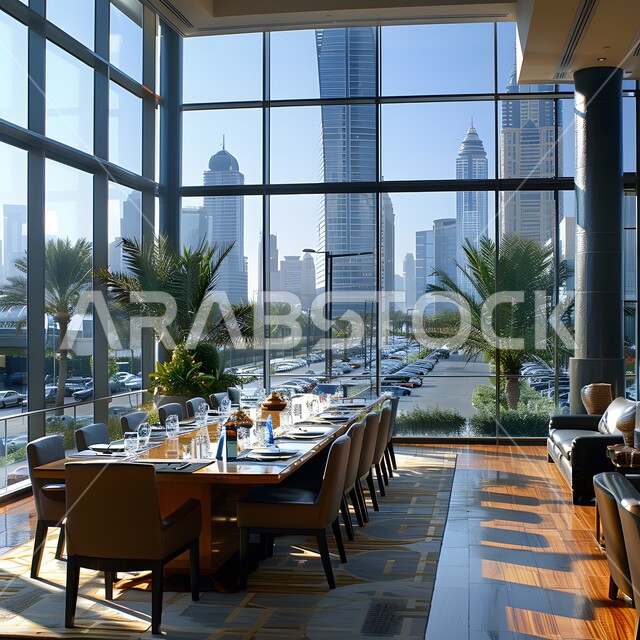 غرف مكتبية بتصاميم وديكورات داخلية فخمة، النوافذ والواجهات الزجاجية، التصميم العصري الحديث للمكاتب في الشركات السعودية، غرفة اجتماعات واسعة مع طاولة محاطة بكراسي