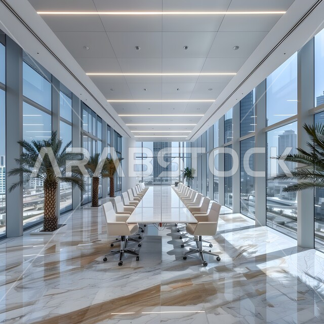 غرف مكتبية بتصاميم وديكورات داخلية فخمة، النوافذ والواجهات الزجاجية، التصميم العصري الحديث للمكاتب في الشركات السعودية، غرفة اجتماعات واسعة مع طاولة محاطة بكراسي