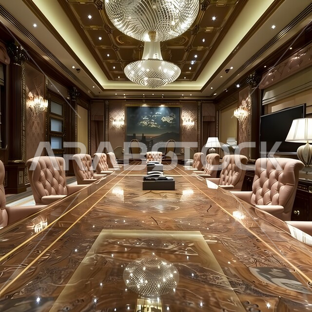 غرف مكتبية بتصاميم وديكورات داخلية فخمة، النوافذ والواجهات الزجاجية، التصميم العصري الحديث للمكاتب في الشركات السعودية، غرفة اجتماعات واسعة مع طاولة محاطة بكراسي