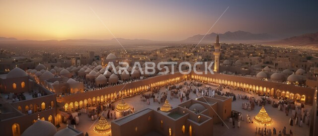 Islamic architectural art of mosques, distinctive designs of domes and minarets, religious landmarks and holy places in the Kingdom of Saudi Arabia, worship and closeness to God