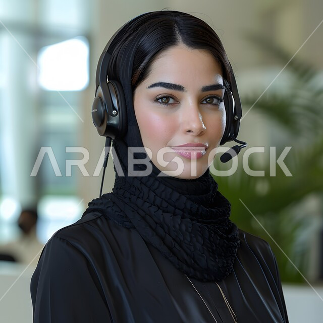 قسم الاستعلامات والاتصال، الإجابة على الأسئلة والاستفسارات, مفهوم خدمة العملاء، امرأة عربية خليجية سعودية محجبة ترتدي سماعات الرأس وتعمل على الحاسوب المحمول في المكتب, مهن ووظائف مكتبية نسائية, دمج العمل مع التقنية والتكنولوجيا, إدارة وتنظيم أعمال الشركة
