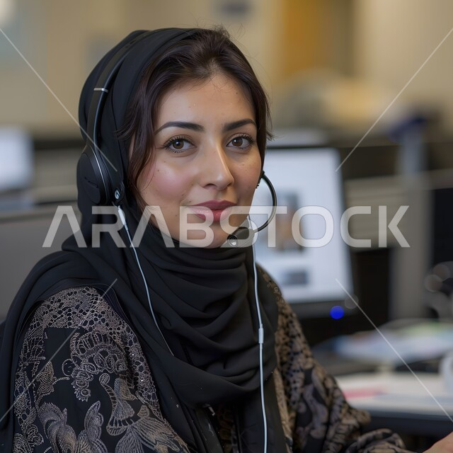 Inquiries and Communication Department, answering questions and inquiries, customer service concept, a veiled Saudi Arabian Gulf woman wearing headphones and working on a laptop in the office, female office professions and jobs, integrating work with technology and technology, managing and organizing the company’s business