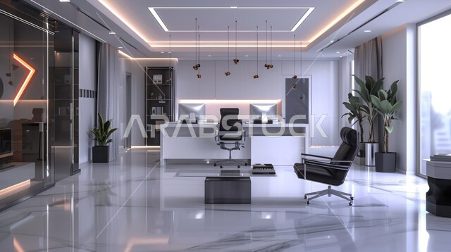 غرفة مكتبية بديكورات مميزة و تصاميم عصرية وتجهيزات حديثة، أثاث مكتبي فاخر ,فنون التصميم الداخلي والهندسة المعمارية على الطراز الحديث