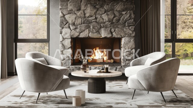 غرفة معيشة بواجهات زجاجية كبيرة, تصاميم عصرية حديثة،  ديكورات داخلية على الطراز الحديث، أثاث منزلي فاخر و راقي، شقق وفلل سكنية في المملكة العربية السعودية