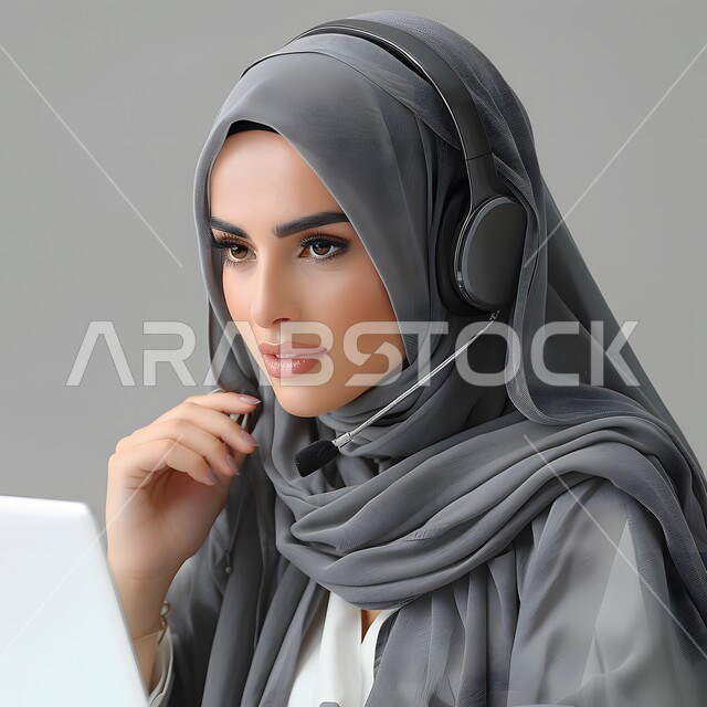  إدارة وتنظيم أعمال الشركة، قسم الاستعلامات والاتصال، الإجابة على الأسئلة والاستفسارات, مفهوم خدمة العملاء، امرأة عربية خليجية سعودية محجبة ترتدي سماعات الرأس وتعمل على الحاسوب المحمول في المكتب, مهن ووظائف مكتبية نسائية, دمج العمل مع التقنية والتكنولوجيا