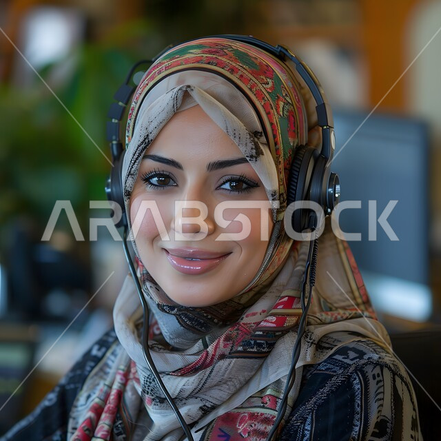 Managing and organizing company business, Inquiries and Communications Department, Answering questions and inquiries, Customer service concept, Veiled Saudi Arabian Gulf woman wearing headphones and working on laptop in office, Women's office jobs and professions, Integrating work with technology and technology