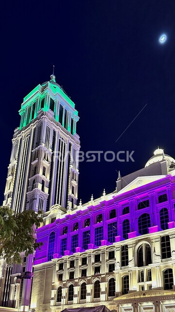 Narcissus Hotel Tower illuminated at night in Riyadh, modern architecture of towers and skyscrapers in Saudi Arabia, famous cities and landmarks